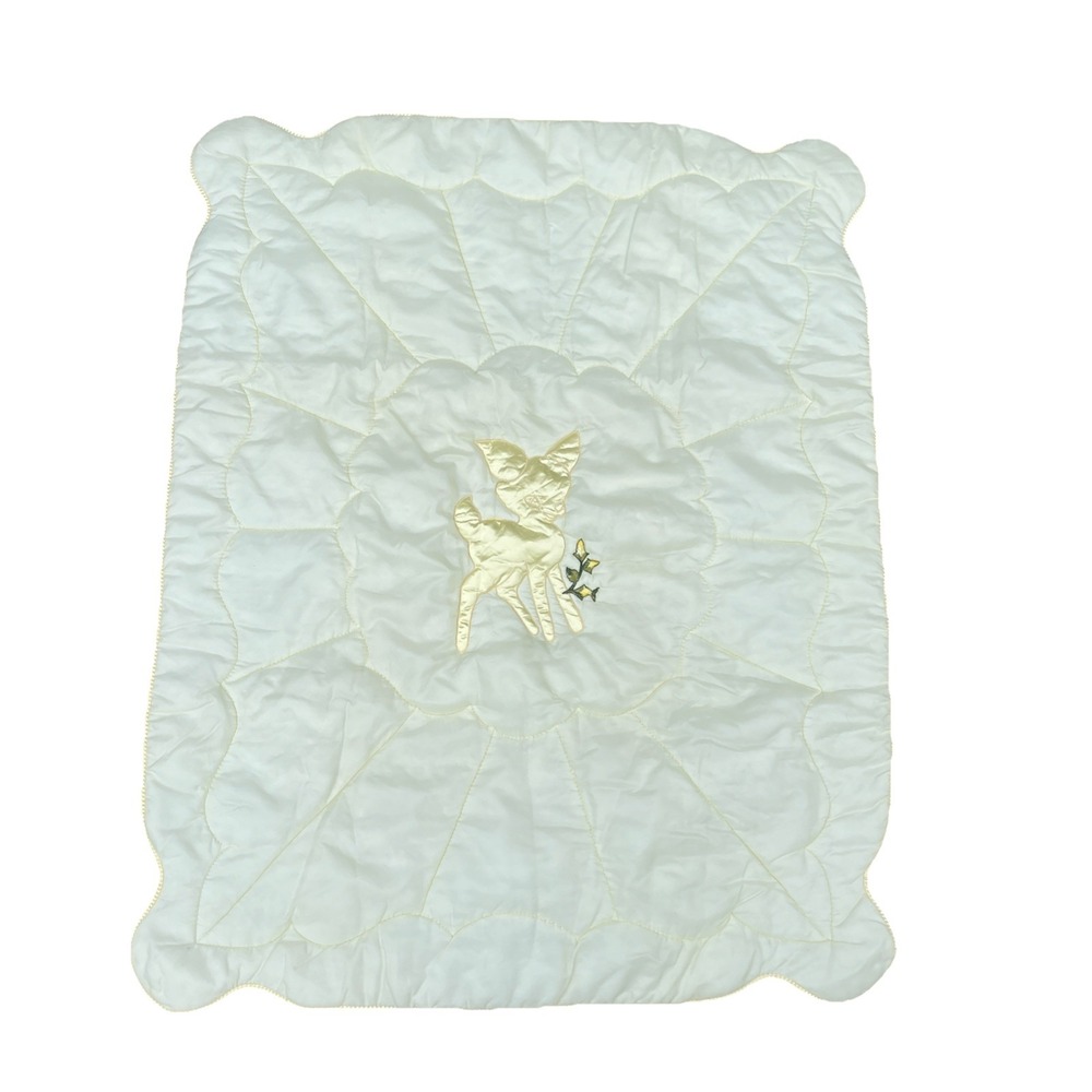 Vintage Baby Crib Blanket 50's Yellow Floral Deer Bambi